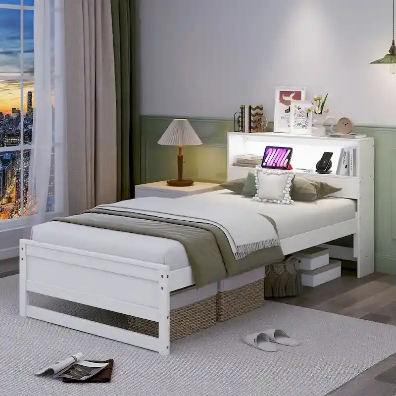 Single Wooden Bed Frame (with Charging Station and LED Lights)