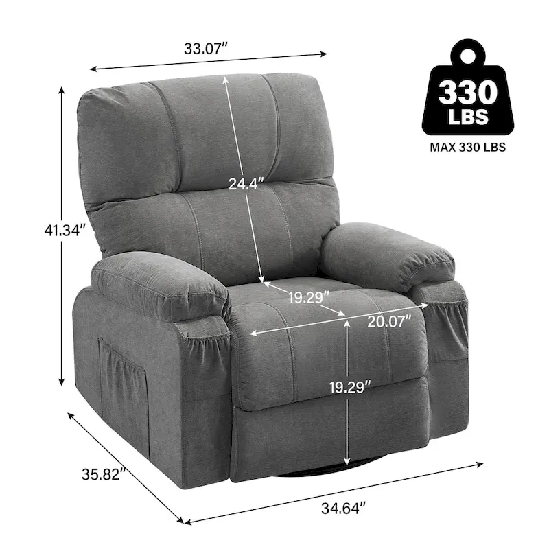 360 Swivel Manual Recliner Single Sofa Chair Fabric Lounge Chair with Pull Out Footrest and Side Pockets