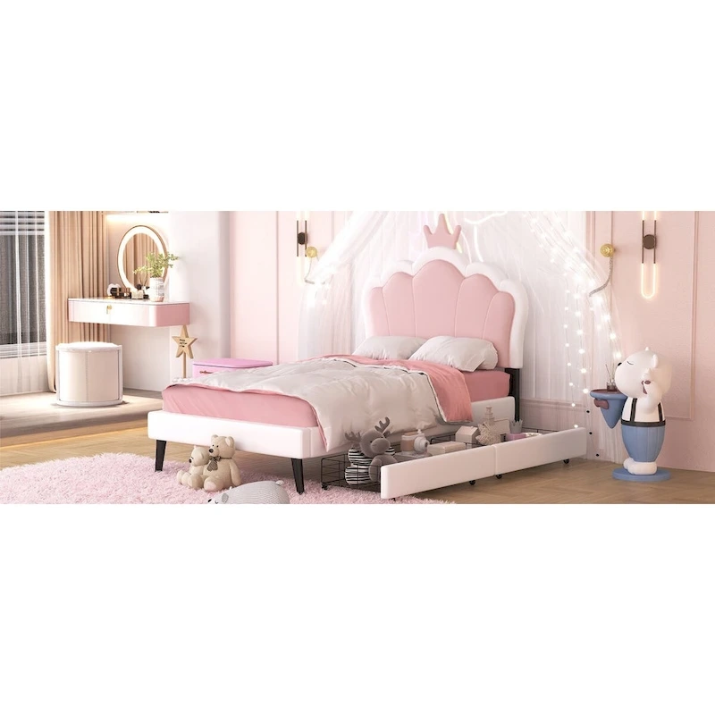 Upholstered Princess Bed with Crown Headboard & Drawers