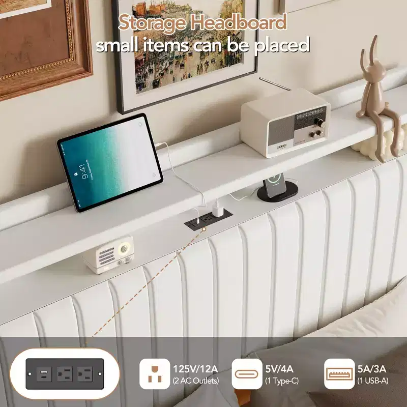 GustoWave Floating Bed Frame, with LED Lights & Charging Station