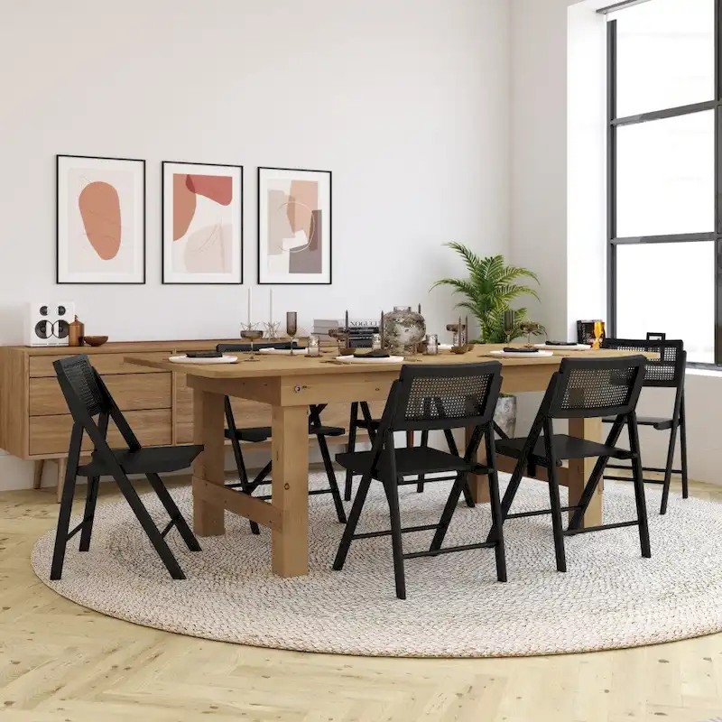 Folding Armless Cane Rattan Chairs with Breathable Woven Backrests - 2 Pack