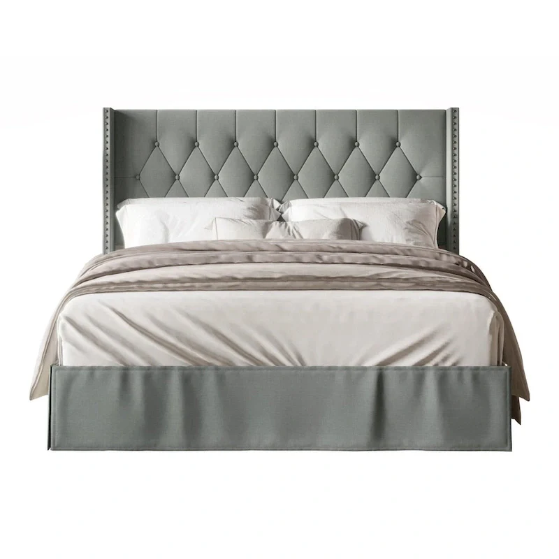 Tufted Upholstered Panel Bed, Wingback Headboard, Nailhead Trim, Seats 2, Grey/Black/Beige/Denim Blue, Twin/Full/Queen/King