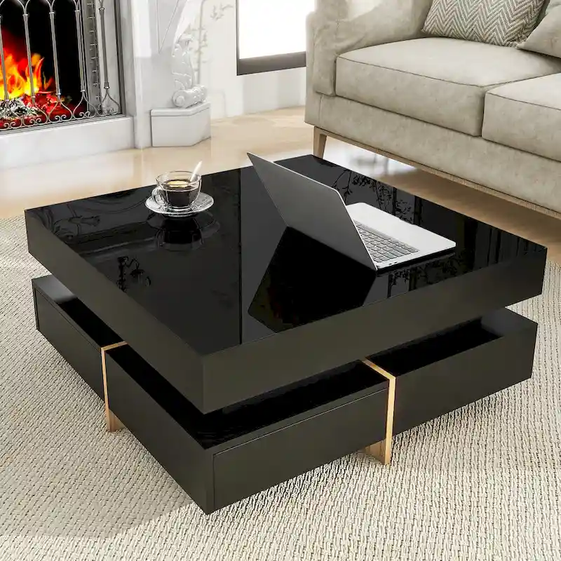 High Gloss Coffee Table with 4 Drawers - 2-Tier