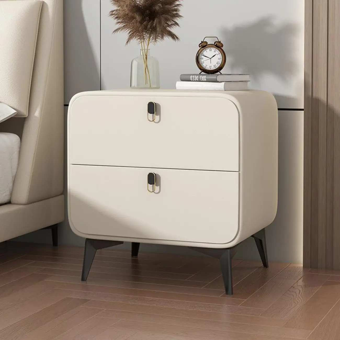 Scandinavian Leather 2 Drawers Wood Nightstand