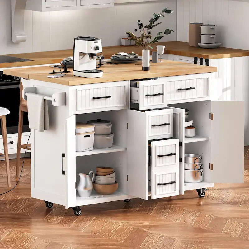 56.5 Kitchen Island with Drop Leaf and Charging Station, Rolling Kitchen Cart on Wheels with Drawers and Adjustable Shelves