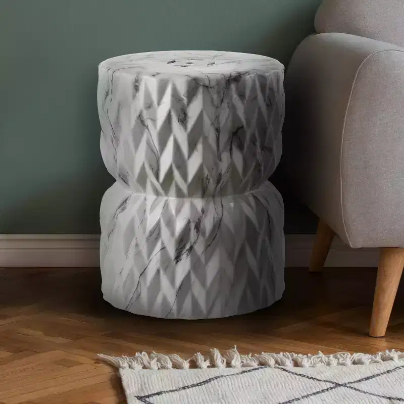 JONATHAN Y Chevron Drum 17.5 White Marble Finish Ceramic Garden Stool/Accent Table