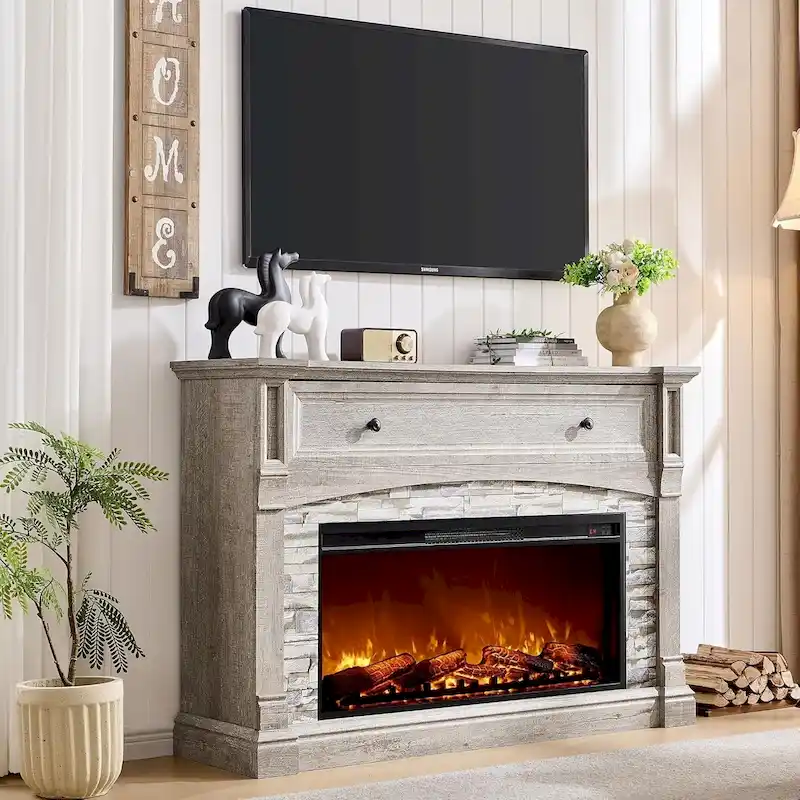 Farmhouse Fireplace TV Stand with Mantel, Tall Entertainment Center