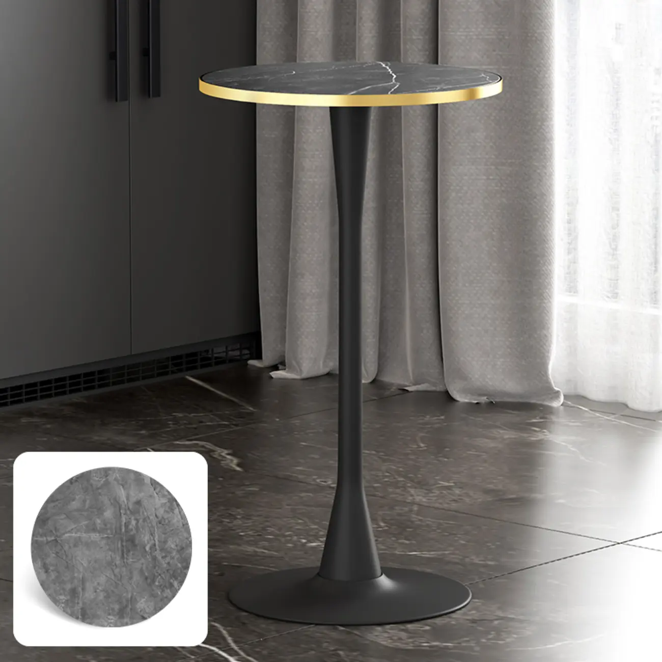 Modern Matte Black Metal Pedestal Round Wood Bar Tables
