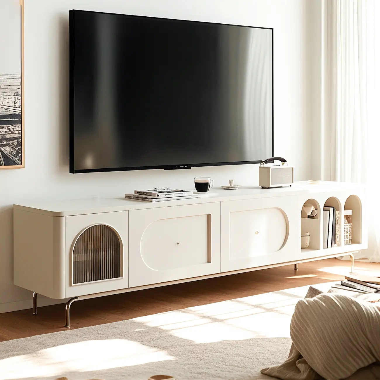 94.5 White Wood Arched Display Niches TV Stand with Cabinets