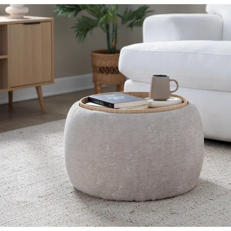 Carson Carrington Astrid Pouf with Natural Wood Tray Top