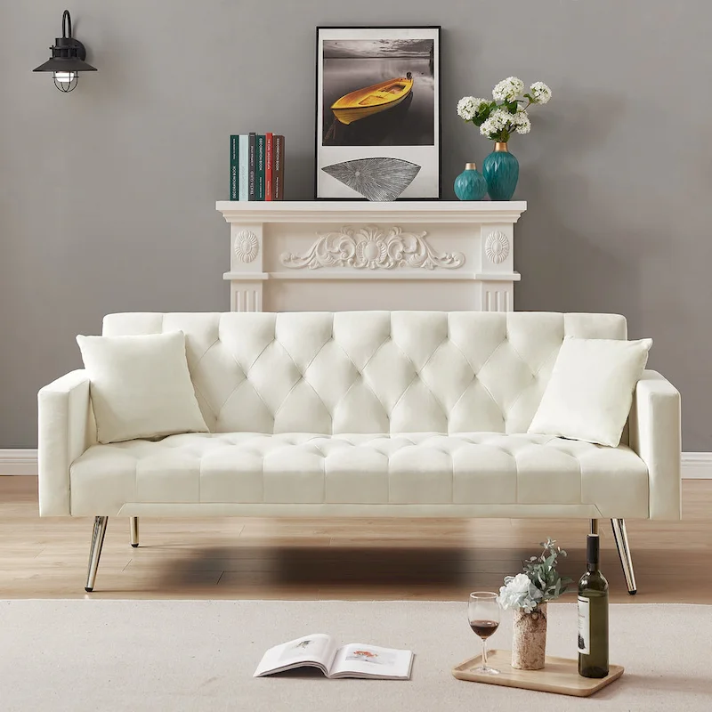 Tufted Upholstered Convertible Folding Sofa Bed Cream White