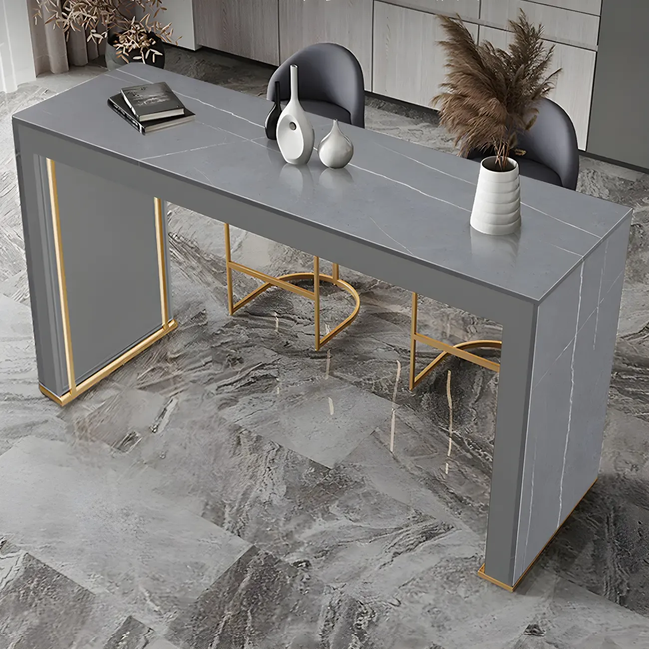 Modern White Stone Top Wood Dual-Pedestal Bar Tables