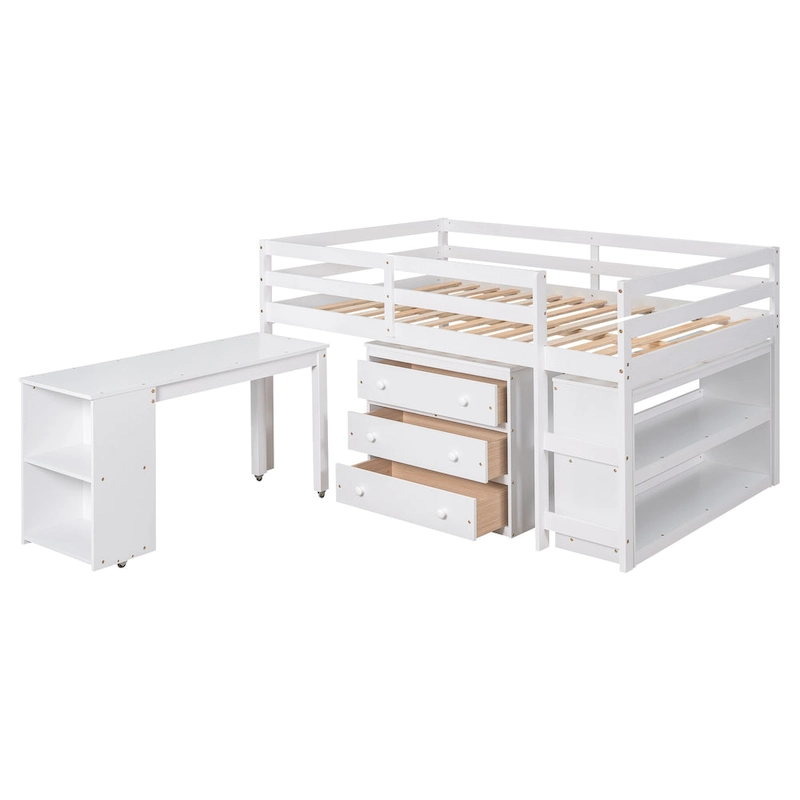 Full Pine Multifunctional Loft Bed with Movable Desk