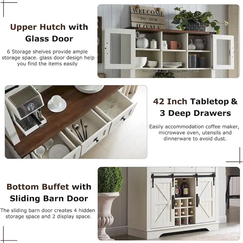 Farmhosue Bar Cabinet, Kitchen Buffet, Coffee Bar Sideboard Table - N/A