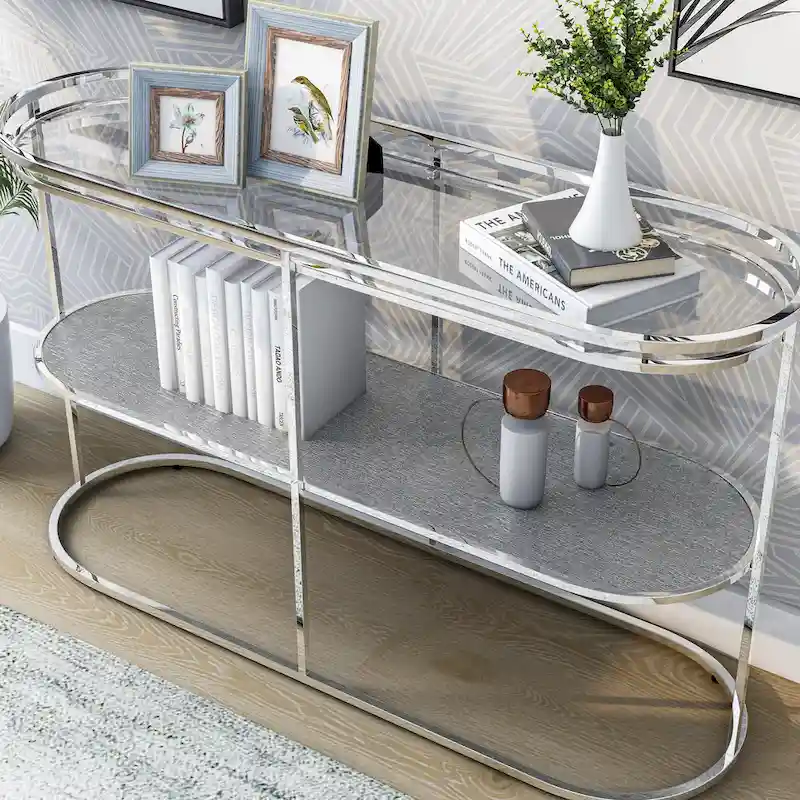 Taylaa Glam Chrome 48-inch Glass Top 1-Shelf Sofa Table by