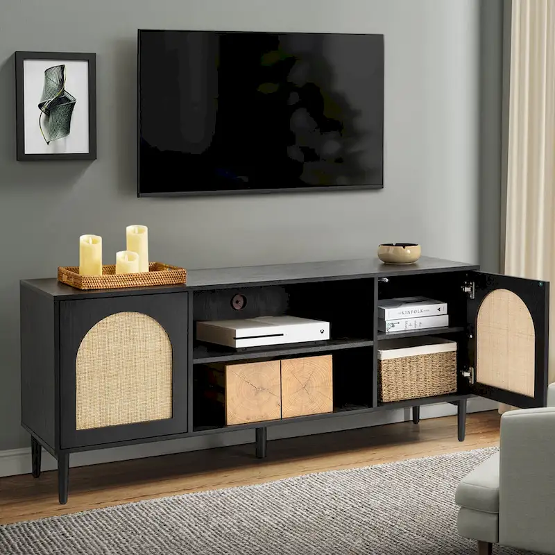 Uirico Modern Rattan TV Stand Entertainment Centers with Push-to-Open Doors by HULALA HOME
