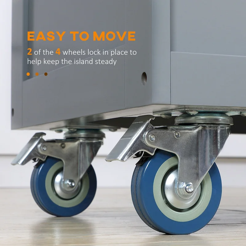 Rolling Kitchen Island, Drop-Leaf, Rubberwood Top, 2 Drawers & 2 Cabinets, 4 Wheels, 57.5