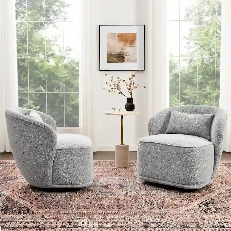 KINWELL 33 W Sherpa Boucle Upholstered Accent Swivel Chair (Set of 2)