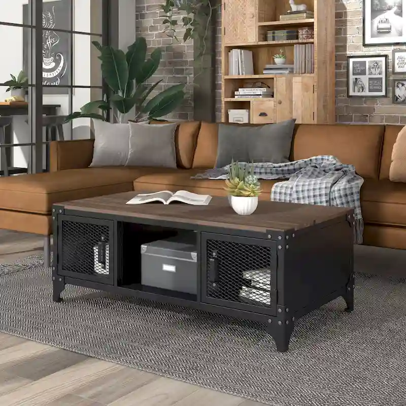 Conner Rustic Black and Dark Walnut 48-inch Steel Storage Coffee Table by Furniture of America