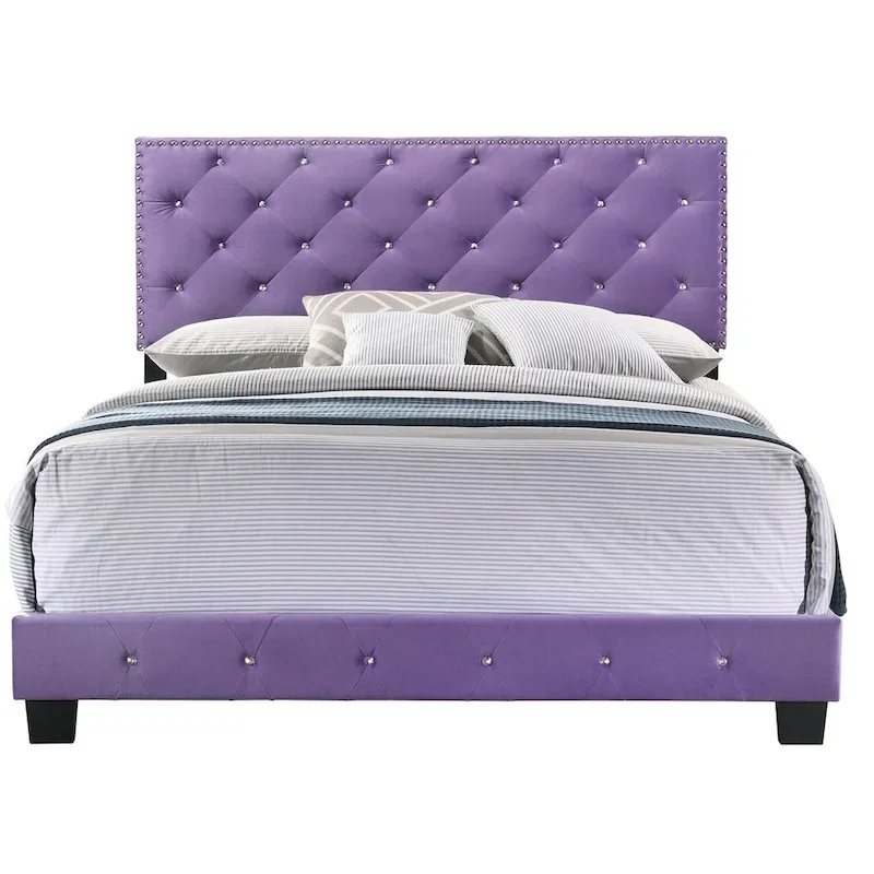 Tufted Faux Jewel Velvet Upholstered Queen Panel Bed - 83 - Purple