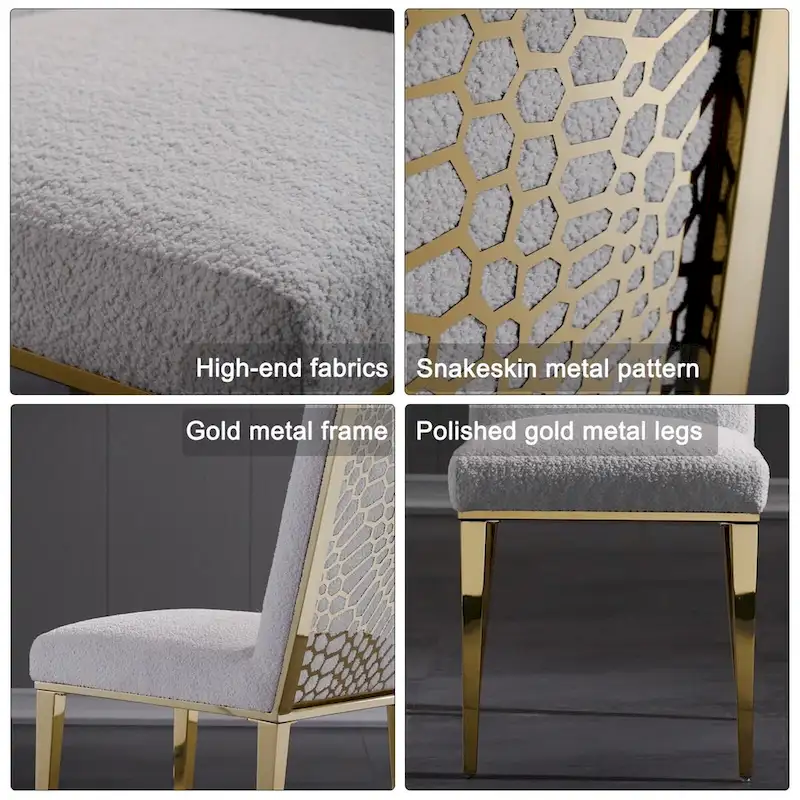 Luxurious White Boucle Dining Chairs with Polished Gold Metal Legs