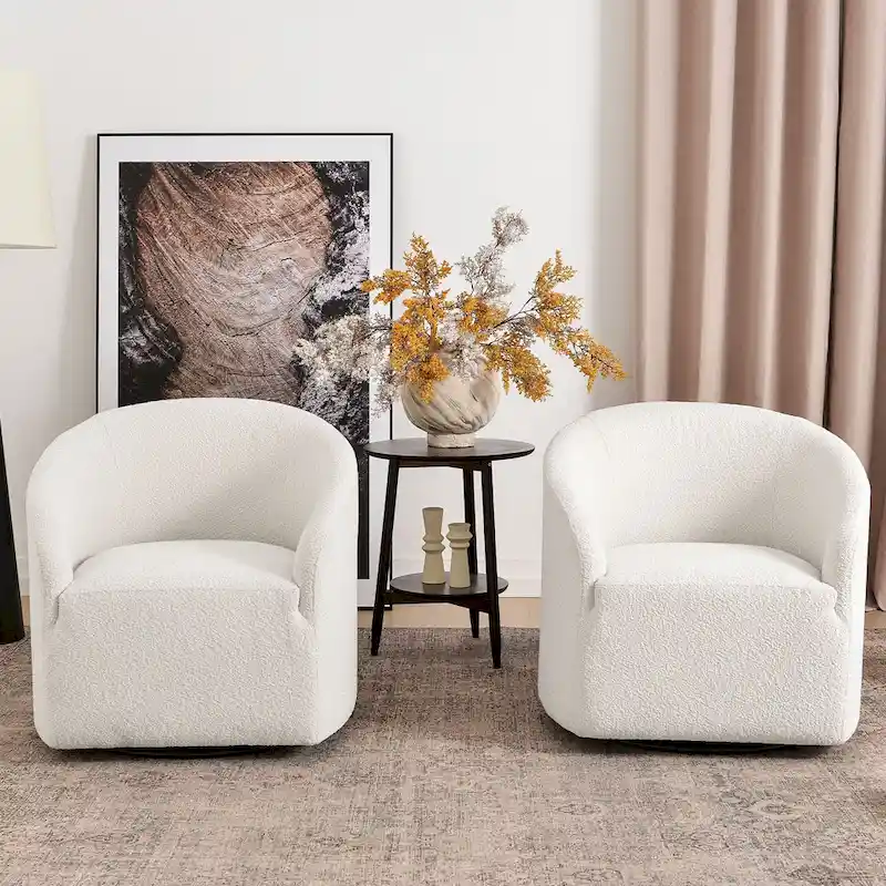 KINWELL 32 W Boucle Upholstered Swivel Barrel Armchair (Set of 2)