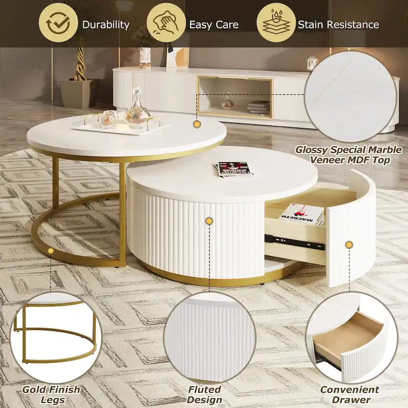 Modern Round Nesting Coffee Table Fluted with Drawer