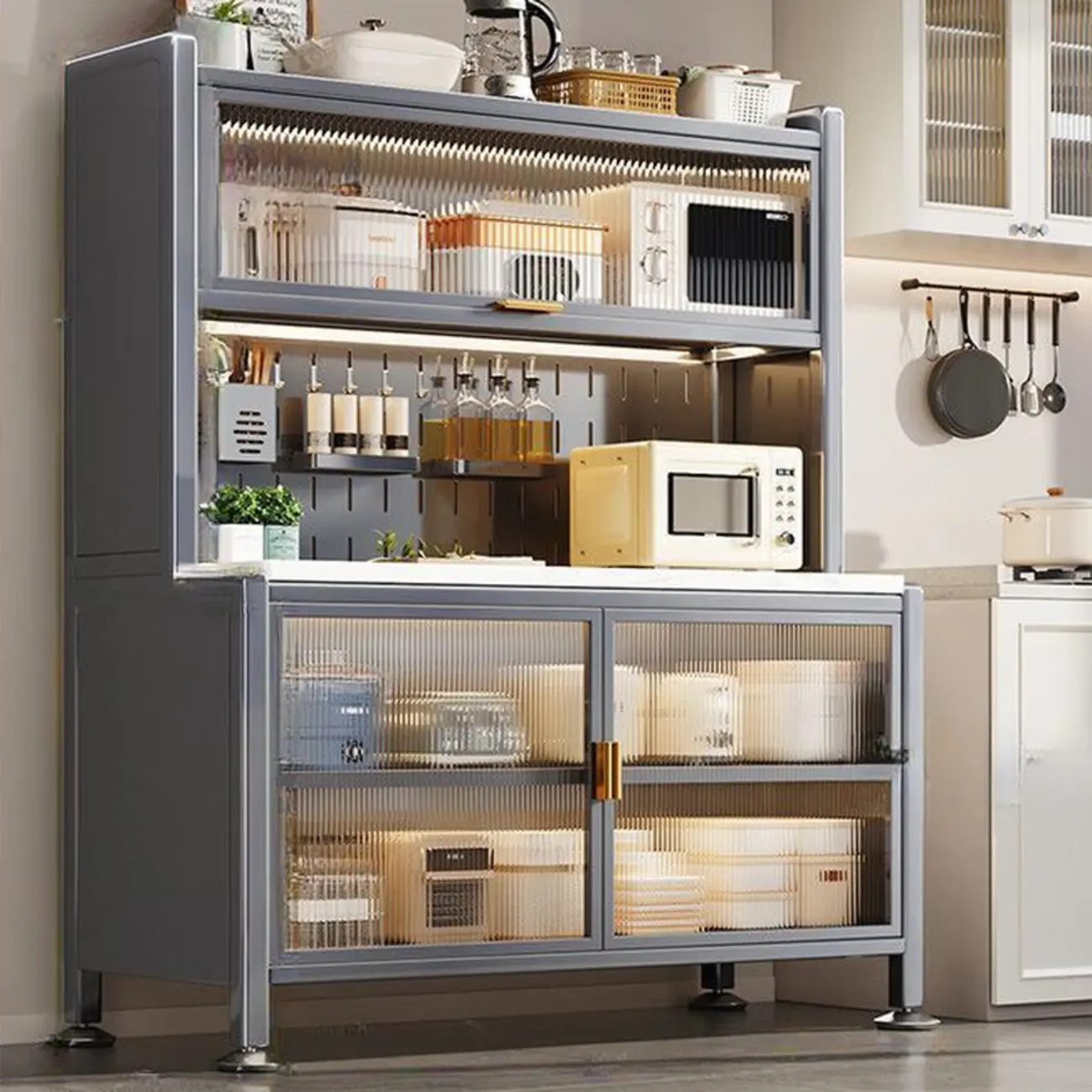 Modern Metal Buffet with Stone Countertop Narrow Design