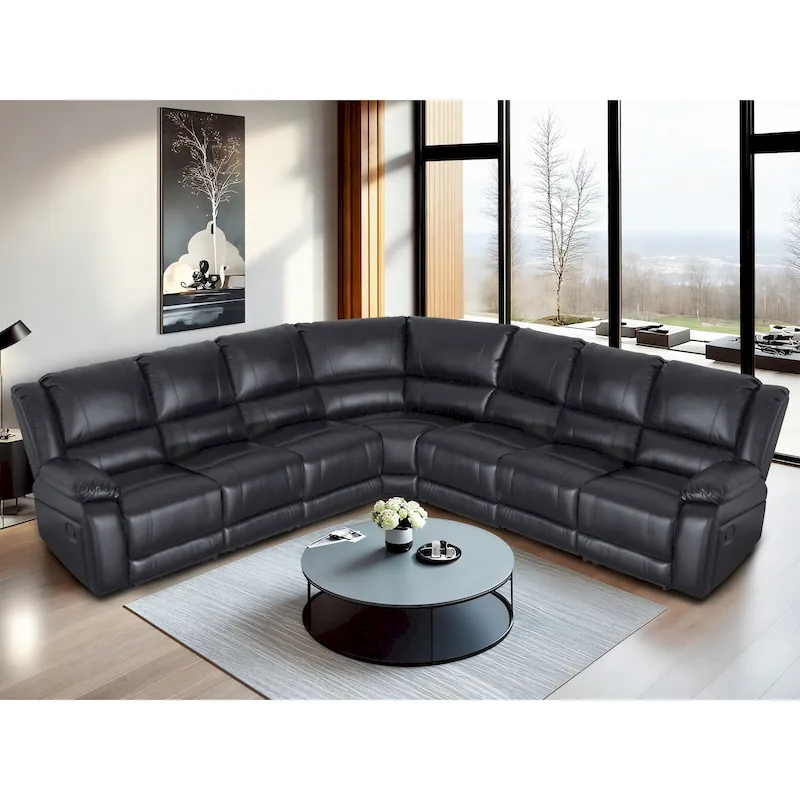 129 W 7-Seat Faux Leather Manual Recliner Large Sectional Reclining Sofa