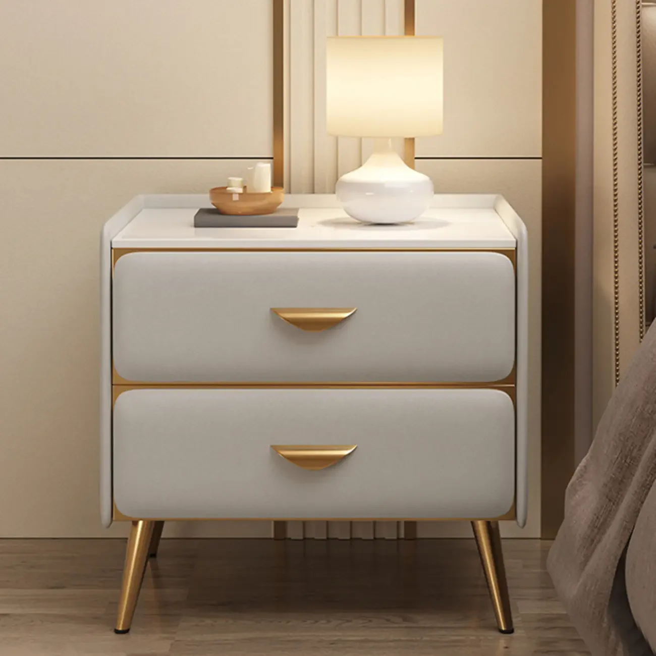 Elegant Stone Top Gold Accents Nightstand with 2 Drawers