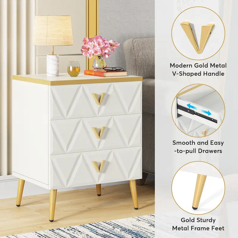Pack of 2 Modern 3-Drawer Nightstand, White Gold Sofa End Table Bedside Table with Storage