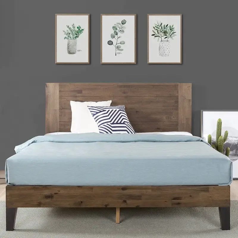 Wood Platform Bed Frame with Headboard, Brown, Modern, Seats 1-2, Twin/Full/Queen/King