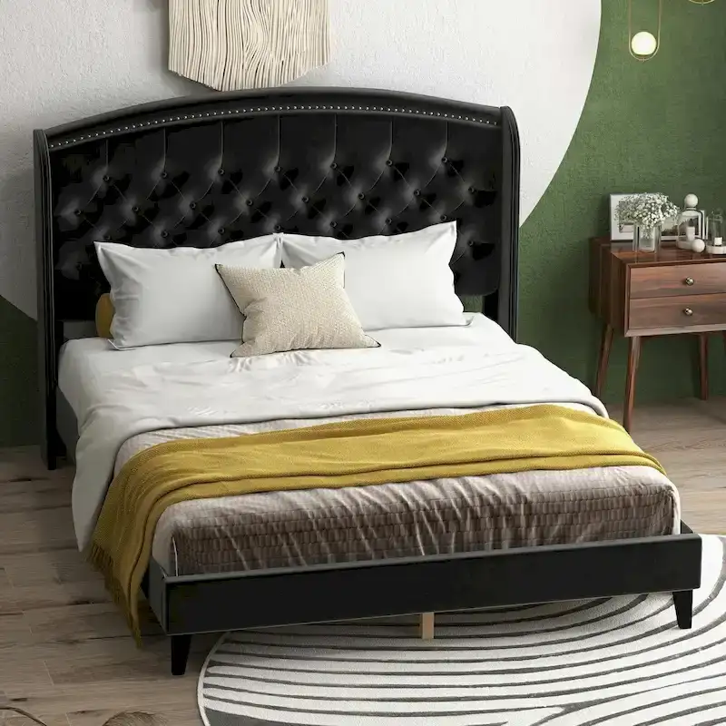 Upholsted Bed Frame with Wingback Headboard, King Size