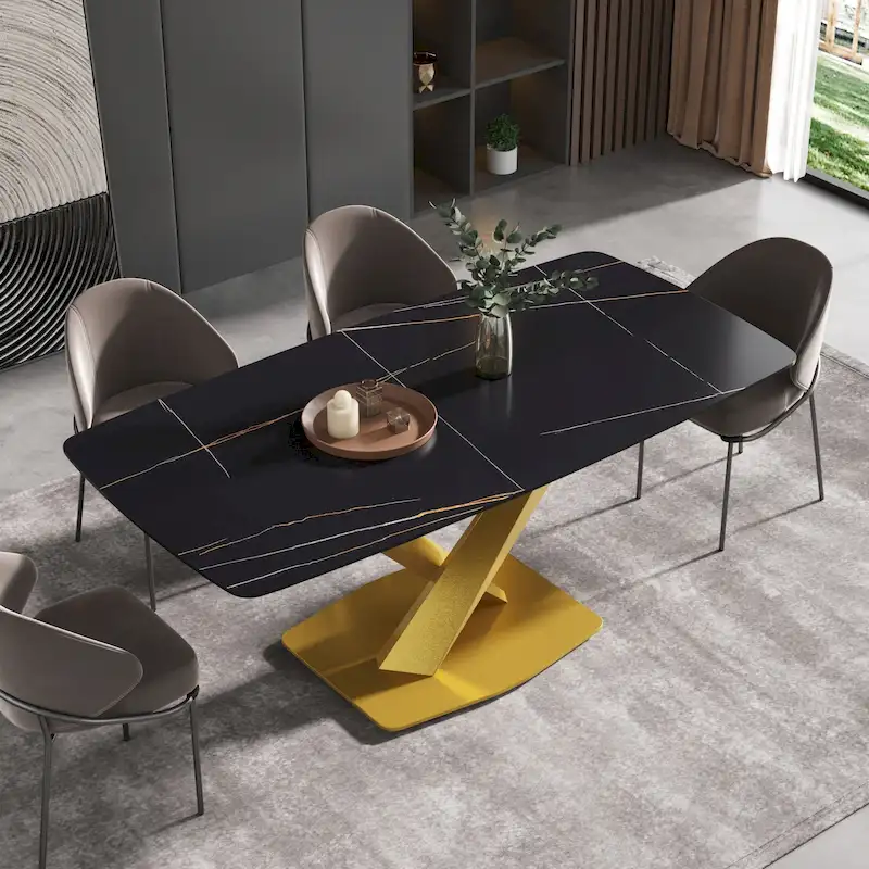 71  Modern Dining Table with Slate Stone Top and Metal Legs, Marble Dining Table