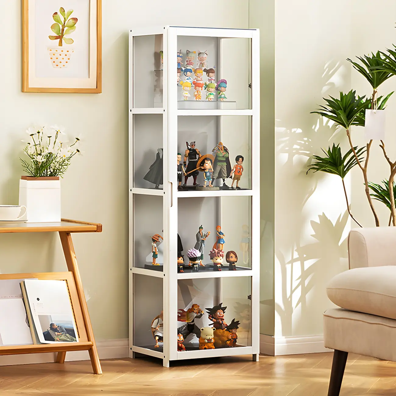 White Modern Bamboo Clear Figure Curio Cabinet