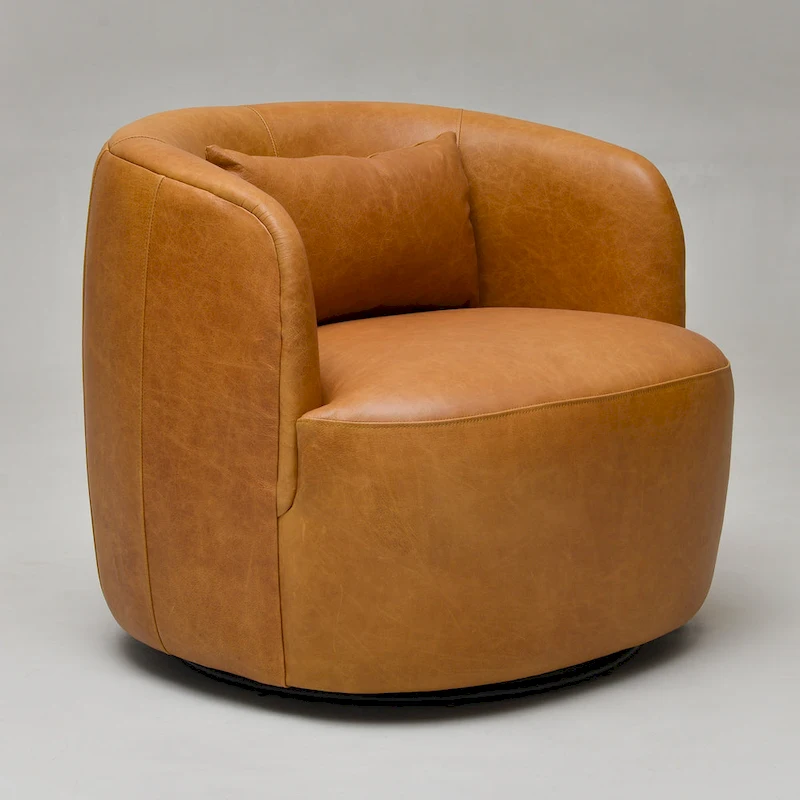 KINWELL Modern Top Grain Genuine Leather Swivel Armchair with Pillow