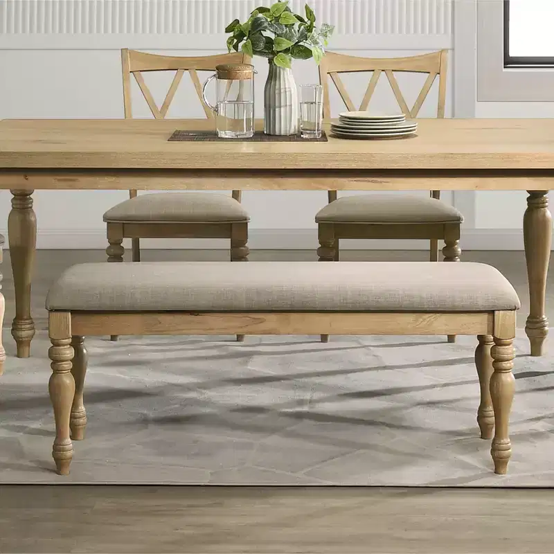 Roundhill Furniture Verta Solid Wood Upholstered Dining Bench, Light Oak Finish