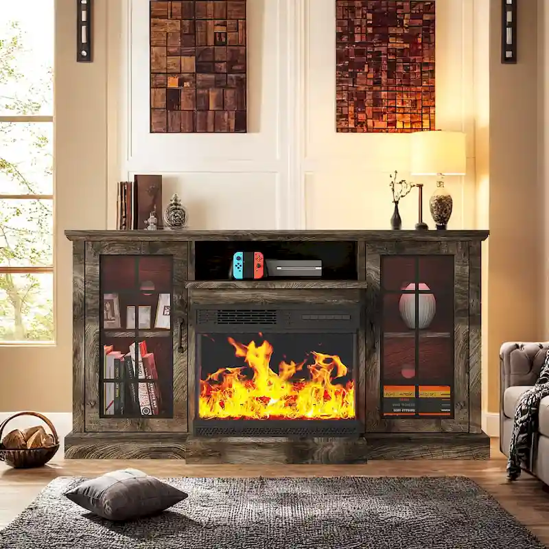 Fireplace TV Stand with All-Sided Glass Electric Fireplace