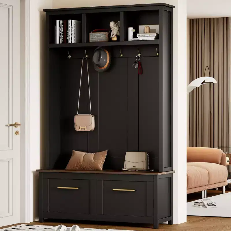 4-in-1 Hall Tree with Bench, 6 Golden Hooks & Storage – Black / White