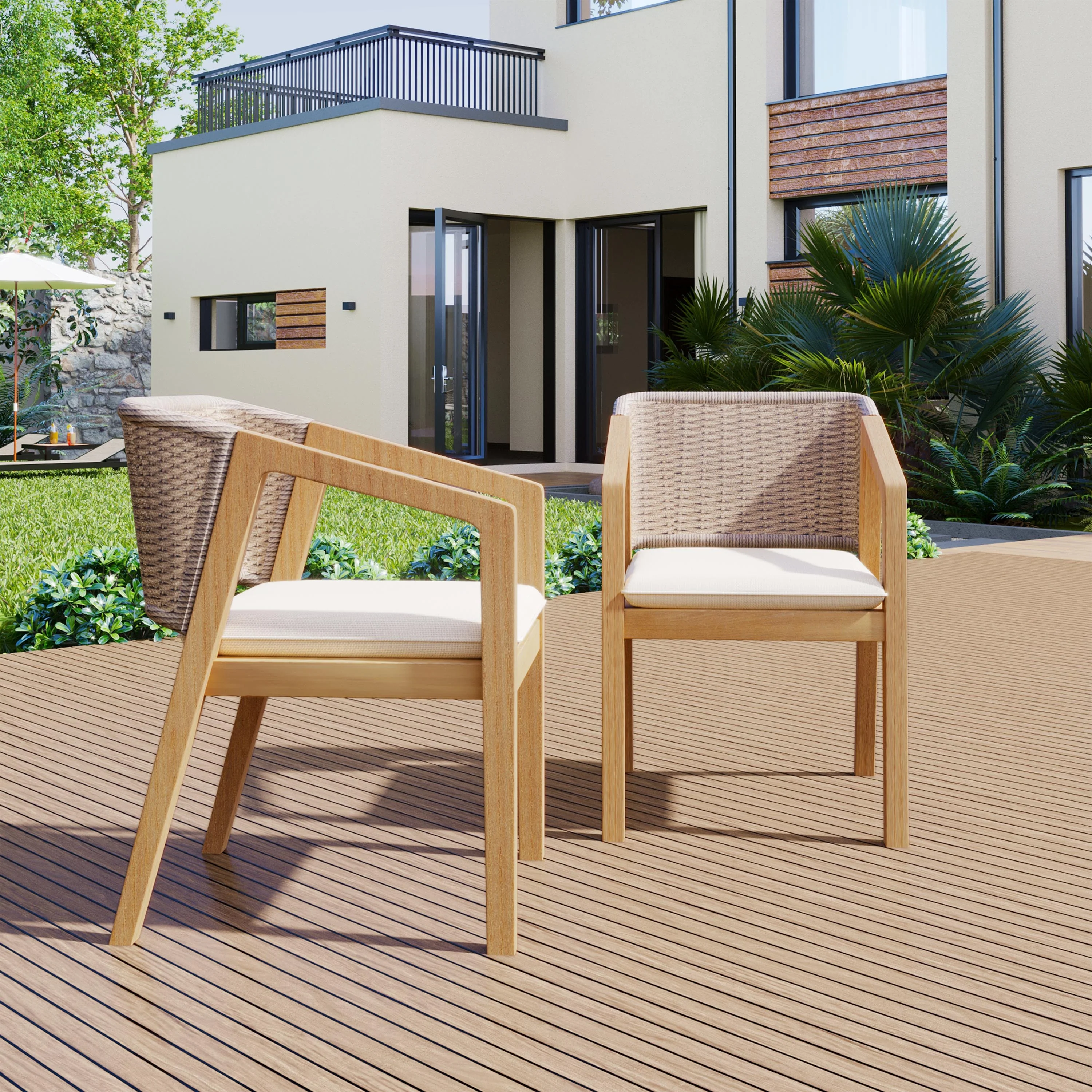 Modern Outdoor Rope Weave Dining Chairs with Cushion, Set of 2