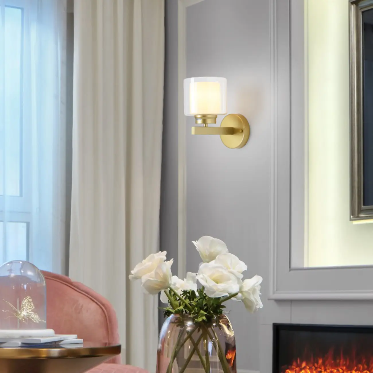 Modern Cylinder Brass Glass Shade Wall Sconce Light Fixture
