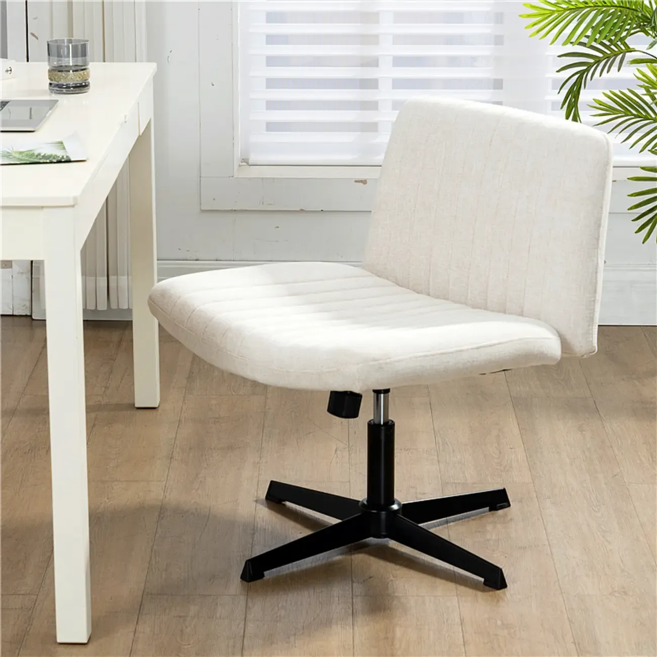 Low-Back White Upholstered Adjustable Swivel Office Chair