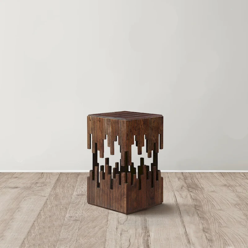 24 Inch Accent Side End Table, Brown Acacia Wood, Slatted Square Top, Handcrafted Abstract Silhouette, Black Iron
