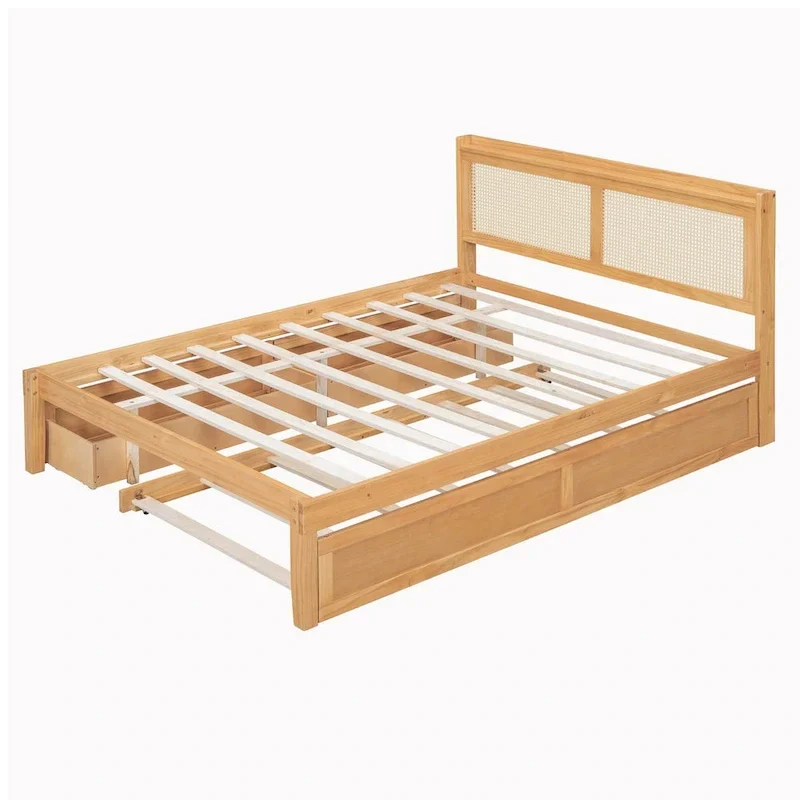 Elegant Bed Frame with Rattan Headboard and Sockets
