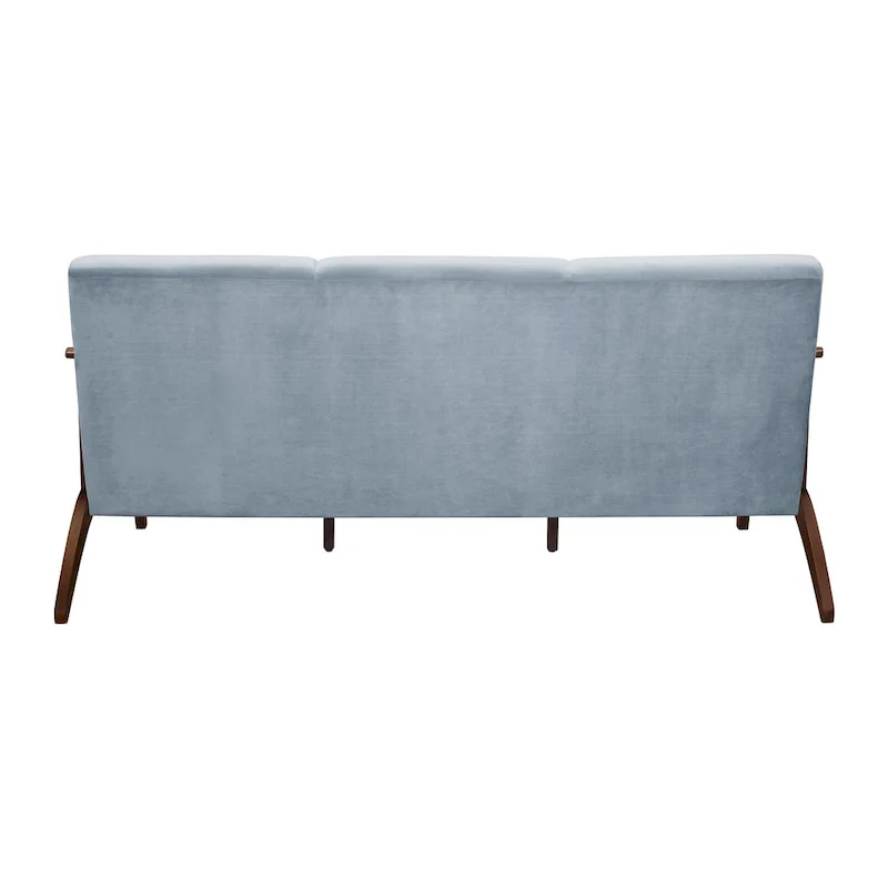 Rica 73 Inch Sofa, Soft Blue Gray Velvet, Walnut Brown Solid Rubberwood