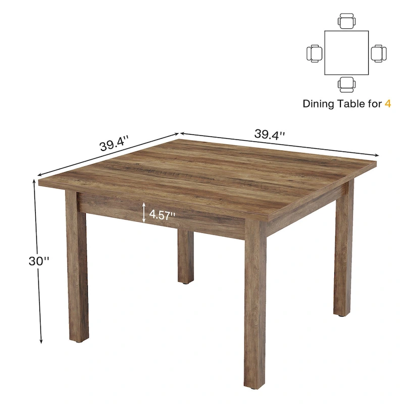 Country Rustic Square Dining Table with Solid Wood Legs - 39.4D x 39.4W x 30H