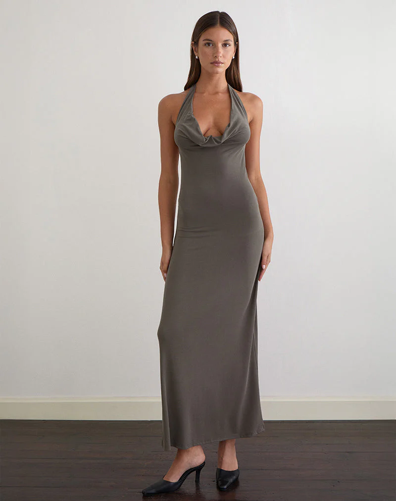 Zarya Maxi Dress in Cupro Grey Khaki