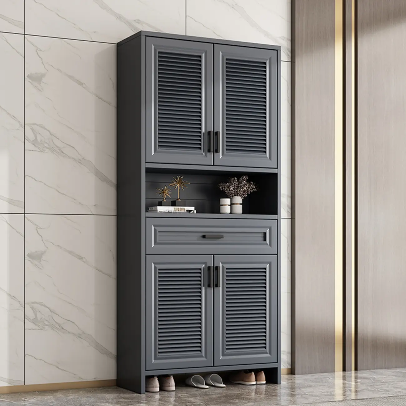 79H Entryway White Metal Shoe Cabinet with Drawers