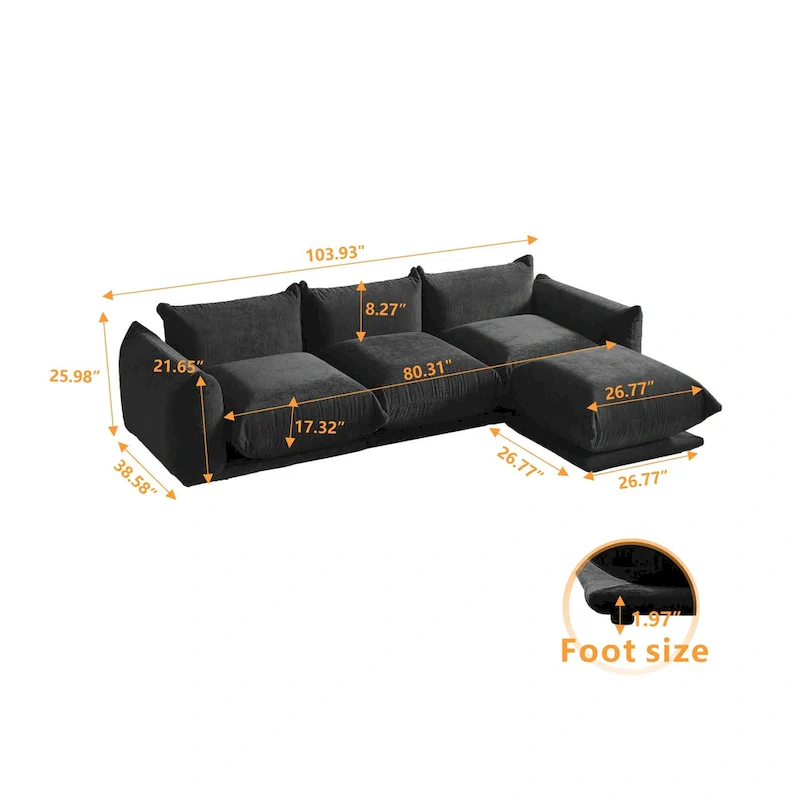104 L-shape Chenille Modular Sofa Modern Sectional Semi-firm Sofa Couch with Ottoman