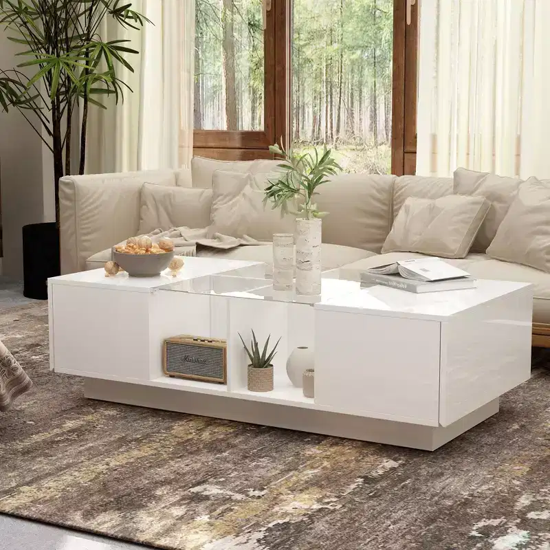 Famapy White High-Gloss LED Coffee Table  Multi-Zone Storage with Drawer & Open Compartments